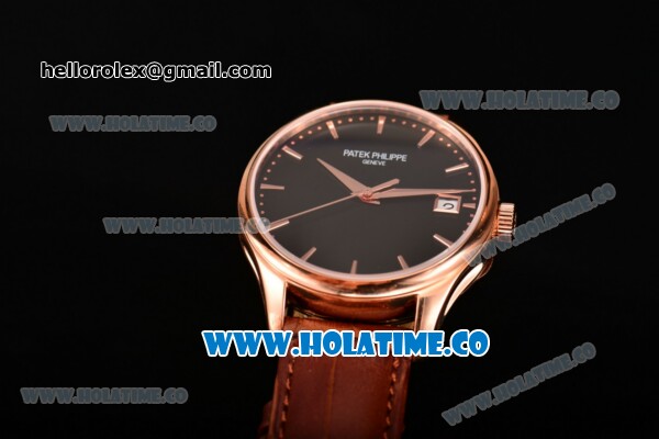 Patek Philippe Calatrava Swiss ETA 2824 Automatic Rose Gold Case with Brown Leather Strap Black Dial and Stick Markers - Click Image to Close